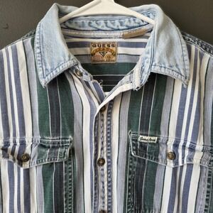 Vintage Guess Jeans Striped Button Down Shirt XL Green Blue Denim Collar 90s
